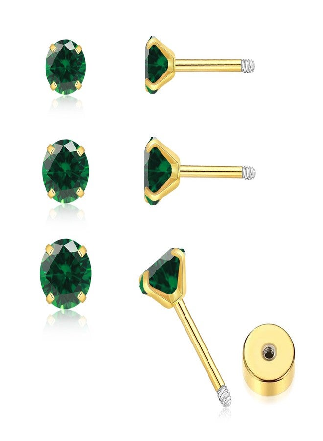 VDKIDKT 3Pairs CZ Stud Flat Screw Back Earring Studs for Women, Handmade 20G Hypoallergenic Screw Back Cartilage Helix Piercing Stud Earrings (2mm/3mm/4mm Gold, Emerald CZ) - Image 1